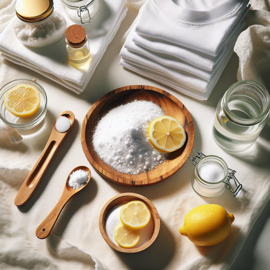 A bright, appealing flat lay composition showcasing natural odor removers: a clear glass bottle of white vinegar, a small wooden bowl of baking soda (Natron) with a spoon, and fresh lemon slices or a small dish of citric acid powder. These elements are artfully arranged around a neatly folded, fresh white t-shirt or a piece of clean linen. Soft natural light, clean minimalist background, high resolution, natural aesthetic.