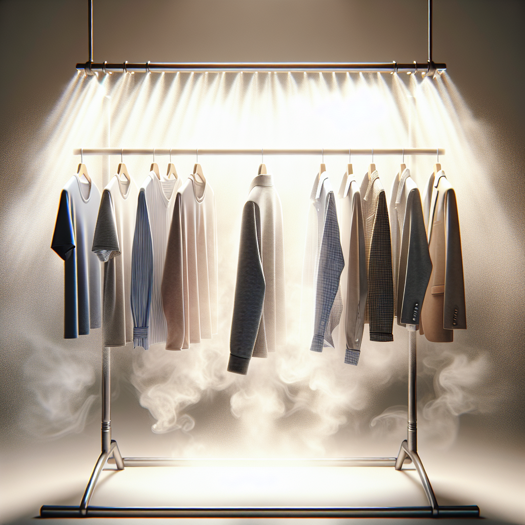 A crisp, clean image showcasing various garments like a light jacket, a t-shirt, and a blazer, hanging neatly on a clothes rack. A gentle, almost invisible mist or steam emanates subtly from one side, suggesting effective odor removal and freshness without traditional washing. The setting is bright and airy, evoking a sense of effortless cleanliness. Photorealistic, soft lighting.
