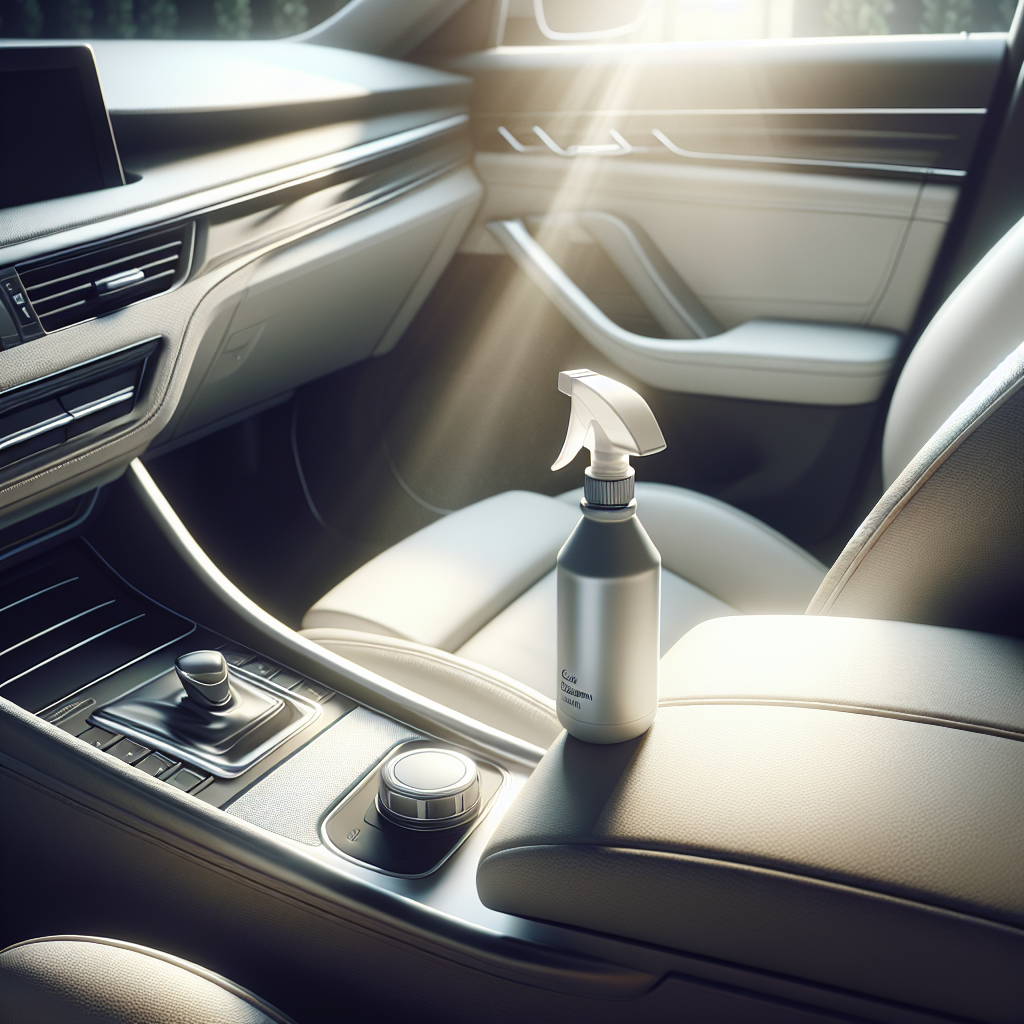 A pristine, modern car interior, bathed in soft, natural sunlight, conveying a sense of ultimate freshness and cleanliness. There are no visible signs of dirt or odor. A sleek, minimalist spray bottle of 'Geruchsentferner' (odor remover) rests subtly on the center console or passenger seat, blending seamlessly into the clean aesthetic. High detail, photorealistic.