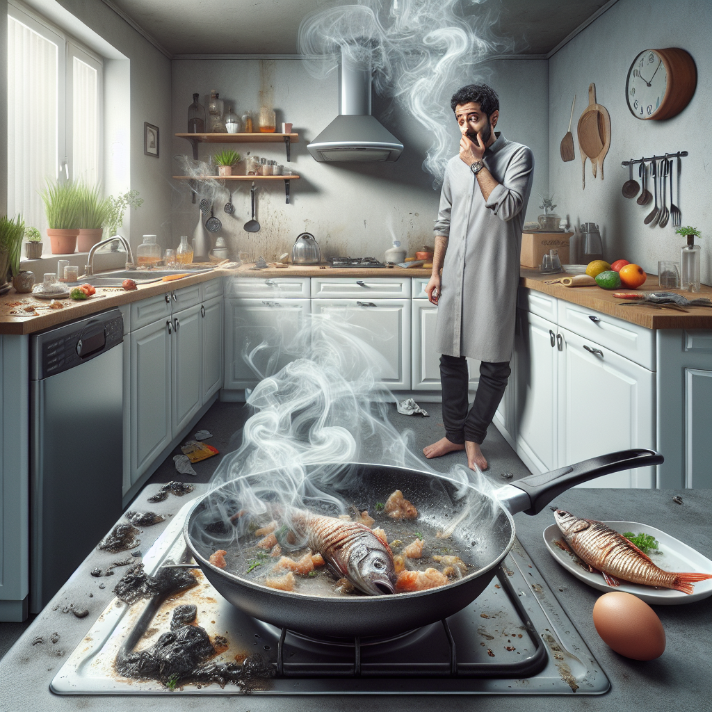 A modern, slightly messy kitchen after cooking, with subtle, transparent wisps of unpleasant odors visibly lingering in the air. A frying pan with residue is on the stove, and a half-eaten fish dish is on the counter. The overall atmosphere feels heavy and stale, with a person wrinkling their nose in the background. Photorealistic, slightly desaturated colors.