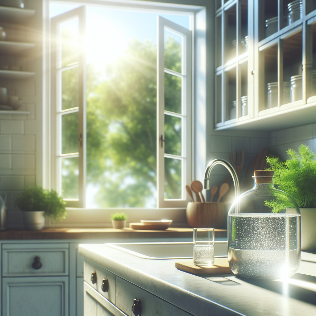 A bright, sparkling clean kitchen filled with natural light, depicting an open window with a gentle breeze. On a pristine countertop, a simple ceramic bowl filled with clear vinegar water is prominently displayed, symbolizing natural odor removal. The overall atmosphere is light, airy, and inviting, with fresh green herbs in a pot. Photorealistic, vibrant and fresh colors.