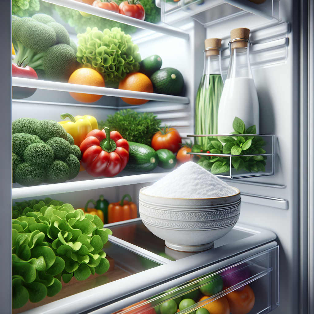 A sparkling clean, modern refrigerator interior, brightly lit, with neatly organized fresh produce (colorful vegetables and fruits) on shelves. In a prominent but subtle position, there's a small, elegant ceramic bowl filled with white baking soda, representing a natural odor remover. The overall impression is one of freshness, hygiene, and a pleasant, inviting atmosphere. Photorealistic, high detail.