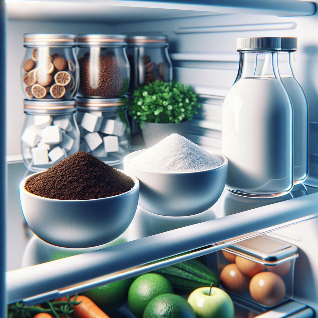 A close-up shot inside a contemporary, clean refrigerator, showcasing three small, minimalist bowls or containers on a shelf: one with fresh, dry coffee grounds, one with white baking soda, and a third with clear white vinegar. These elements are presented as simple, natural solutions to odors. The background shows a hint of neatly arranged, fresh groceries, emphasizing a well-maintained and odor-free environment. Bright, natural lighting, photorealistic.