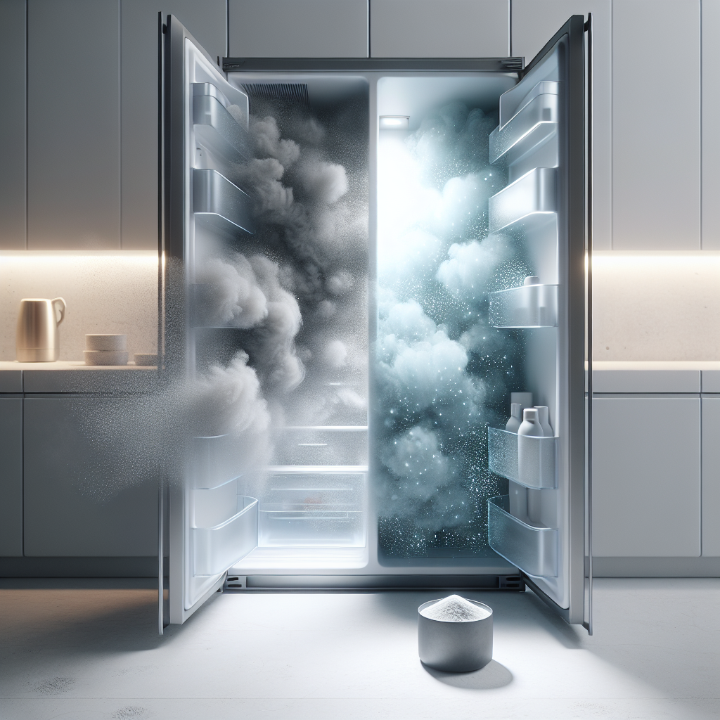 A modern, clean refrigerator interior, seen from a slightly elevated angle. On one side, subtle, transparent wisps of grey-brown smoke representing unpleasant odors are visibly dissipating and being absorbed. On the other side, a gentle, ethereal light blue mist with tiny sparkling elements symbolizes freshness and purity. In the foreground, a sleek, minimalist odor absorbing device or a small, elegant bowl of baking soda is subtly placed. The overall mood is hygienic, bright, and slightly conceptual, emphasizing the transformation from stale to fresh air. Photorealistic, soft natural lighting.