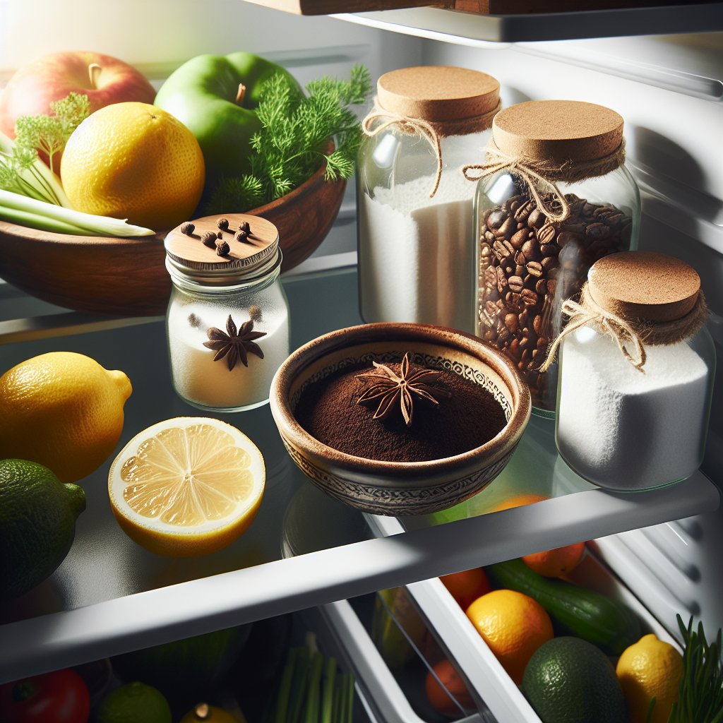 A top-down, high-angle shot looking into a pristine, well-organized refrigerator. The focus is on an artful arrangement of natural odor remedies on a sparkling clean shelf: a rustic bowl filled with aromatic fresh coffee grounds, a vibrant lemon half studded with cloves, and an open, simple container of baking soda. Each item subtly emanates a soft, glowing aura of freshness. The background is slightly blurred, showing fresh, crisp green vegetables and colorful fruits, reinforcing a healthy and clean environment. Bright, natural daylight, photorealistic, with a shallow depth of field to highlight the odor absorbers.