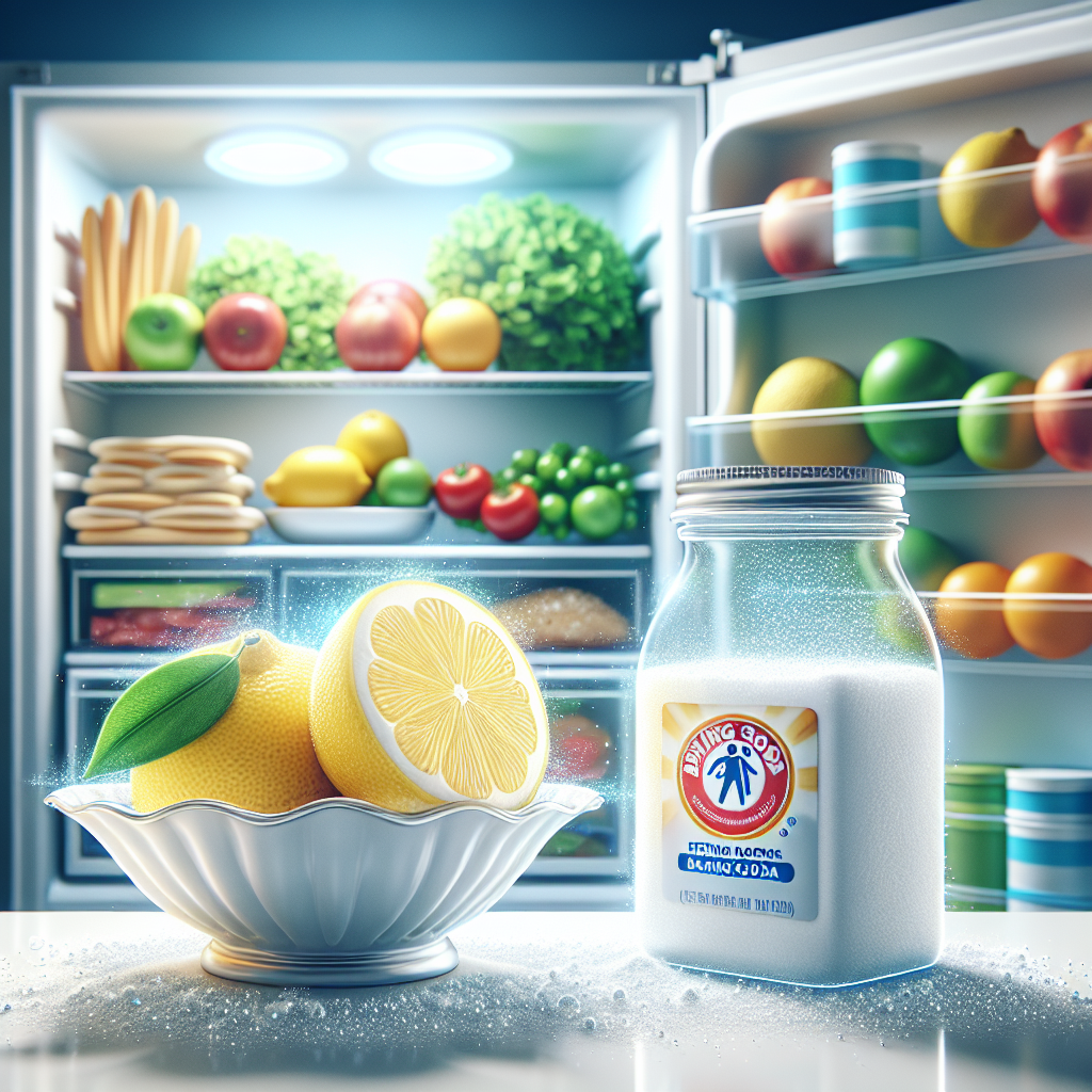 A bright, sparkling clean refrigerator interior with neatly organized fresh food. In the foreground, a small, elegant dish containing a lemon half and an open container of baking soda subtly radiate a sense of freshness and purity, symbolizing effective odor removal. The scene is well-lit, evoking cleanliness and a pleasant atmosphere. High detail, realistic.