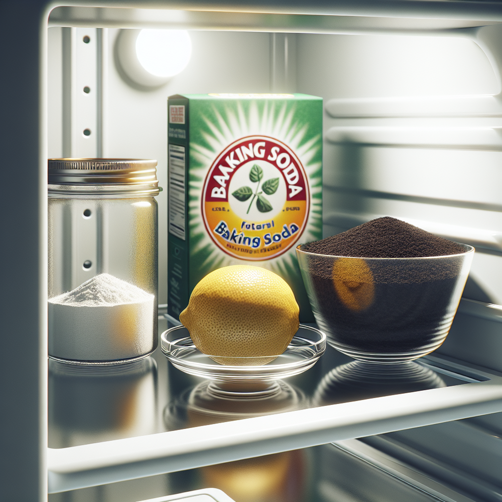 A close-up shot inside a modern, white refrigerator, showcasing various natural odor removers: an open box of baking soda, a small bowl of fresh coffee grounds, and a sliced lemon on a clear glass plate. The items are neatly arranged on a clean shelf, with a soft, natural light highlighting the fresh and tidy environment. The aesthetic is minimalist and effective, conveying simple solutions for a fresh fridge. High detail, realistic.