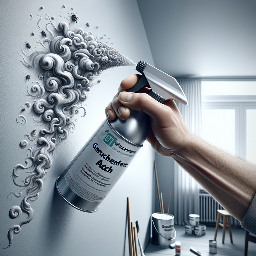 A close-up of a hand holding a modern spray bottle labeled 'Geruchsentferner Lack' aiming at a freshly painted wall. Stylized, unpleasant chemical fumes are visibly swirling away from the wall and dissipating into thin air as the spray makes contact, symbolizing active odor neutralization. In the blurred background, paint cans and brushes are subtly visible. Realistic, clean style.