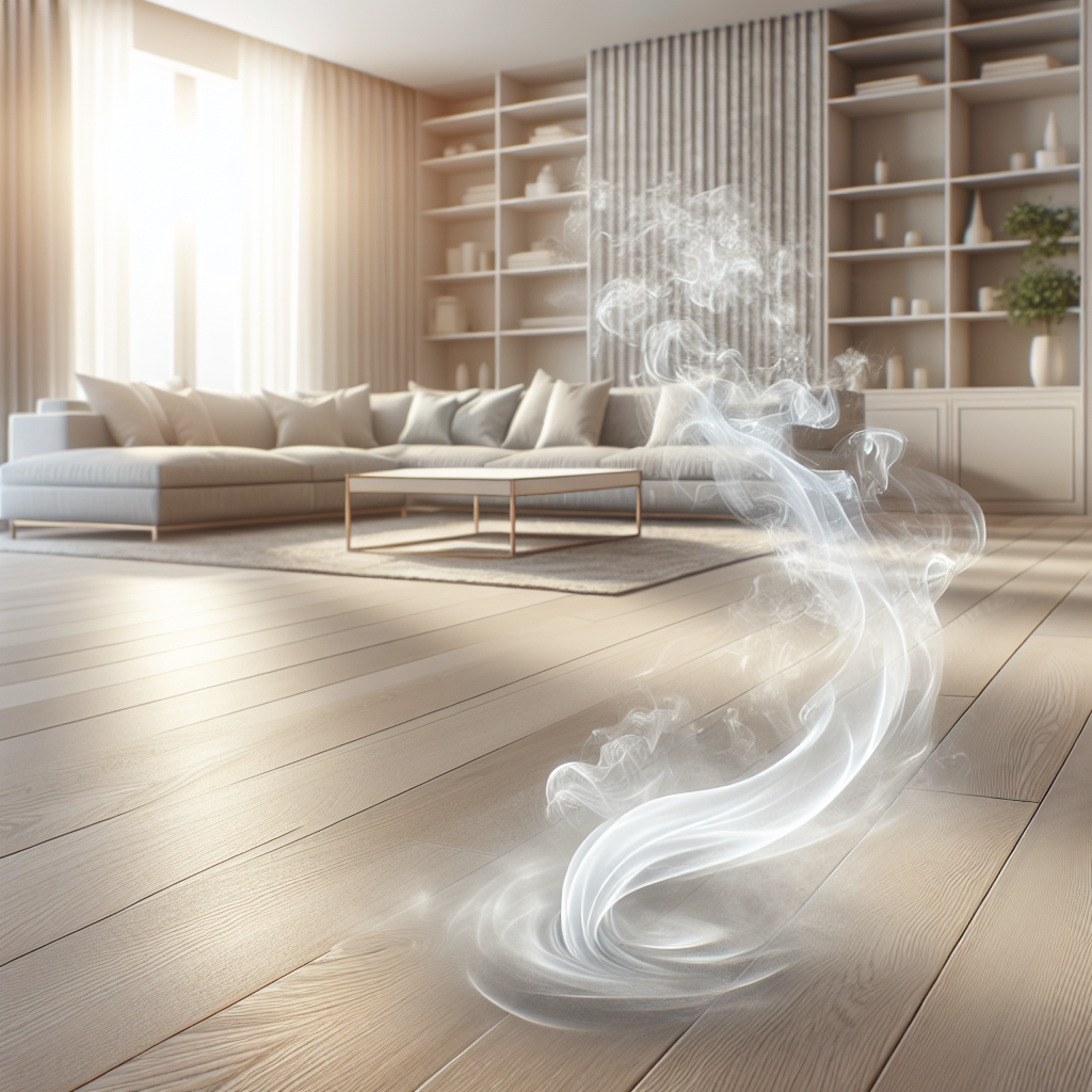 A pristine, light-colored laminate floor in a modern, sunlit living room. A faint, ethereal swirl of musty or pet odor is gently lifting and dissipating from a small area on the floor, transforming into a clear, fresh breeze that brightens the room. Emphasize the clean, inviting atmosphere and the visual metaphor of odor disappearing, high detail.