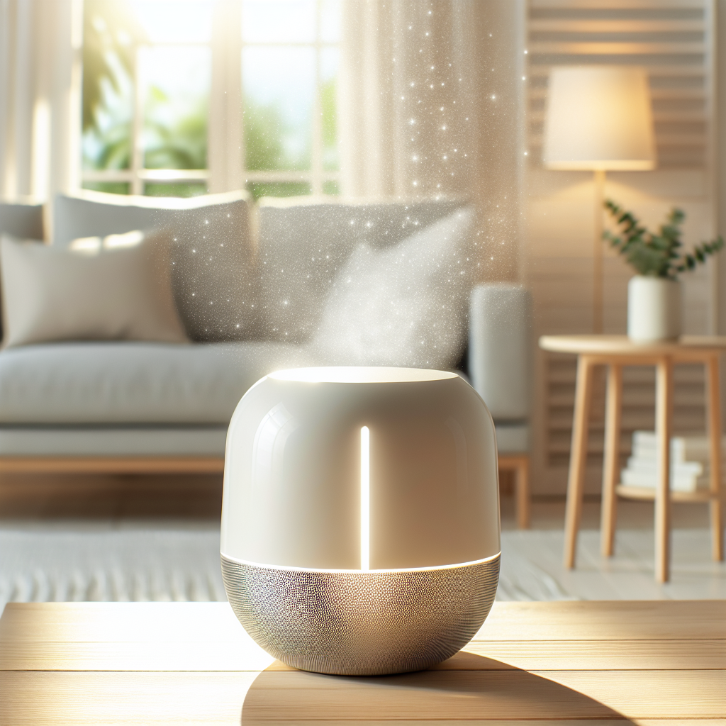 Eine moderne, minimalistische Geruchsentferner Lampe mit elegantem Design, die ein sanftes, reinigendes Licht ausstrahlt. Sie steht auf einem hellen Holztisch in einem sonnendurchfluteten, zeitgenössischen Wohnzimmer. Die Luft um die Lampe herum ist subtil als schimmernd und kristallklar dargestellt, was Frische und Sauberkeit andeutet. Das Gesamtbild vermittelt eine Atmosphäre von frischer, sauberer Luft in einem stilvollen Zuhause.