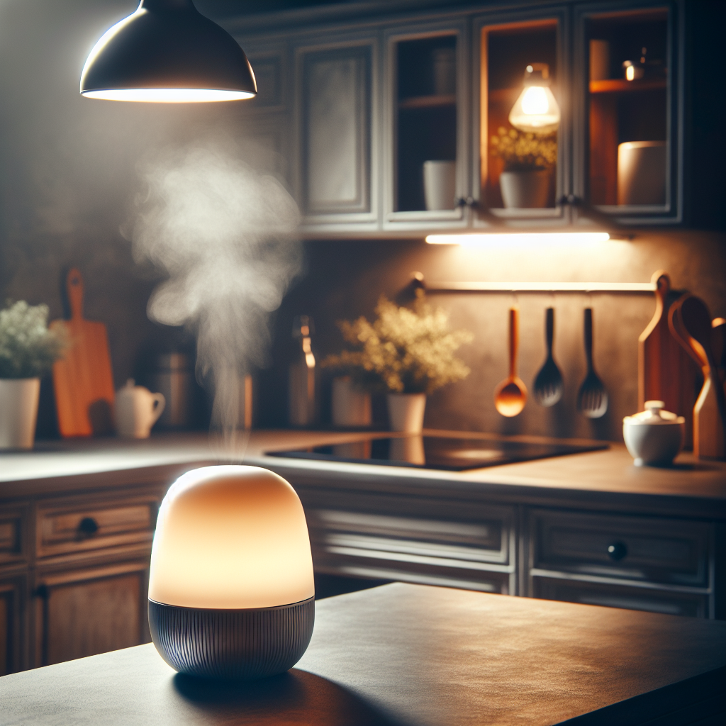 Eine atmosphärische und gemütliche Küchenszene, kurz nachdem eine köstliche Mahlzeit zubereitet wurde. Auf einer sauberen Küchenzeile leuchtet eine elegante Geruchsentferner Lampe mit dezentem Design sanft. Die Luft in der Küche ist sichtbar frisch und frei von Kochgerüchen, mit einem hellen und sauberen Ambiente. Das Bild betont das Gefühl von Komfort und häuslichem Wohlbefinden, hervorhebend die Wirkung der Lampe auf die Luftqualität in einer häuslichen Umgebung.