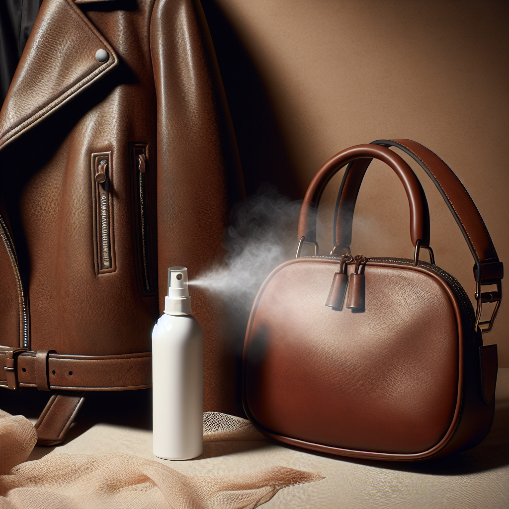 A close-up shot of a classic brown leather jacket or a stylish leather handbag, showing a subtle, almost invisible misty cloud emanating from its surface, visually representing an unpleasant odor. In the foreground, slightly blurred, a generic, modern spray bottle designed for odor removal or leather care. The background is soft and neutral.