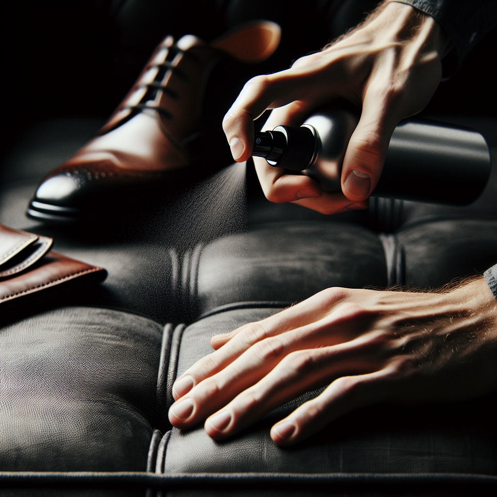 A pair of hands gently applying a fine mist from a sleek, minimalist spray bottle onto a section of a comfortable, dark leather sofa. The focus is on the action and the texture of the leather. In the background, other leather items like a pair of shoes or a small leather wallet are subtly visible, hinting at different applications.
