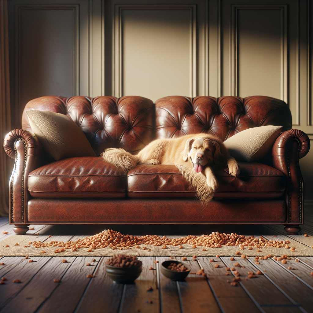 A cozy, slightly worn brown leather couch in a warm living room. A content golden retriever dog is playfully lounging on one cushion, and a scattering of crumbs is barely visible on the floor nearby, subtly indicating a lived-in space that might develop odors. Soft, natural light, photorealistic.