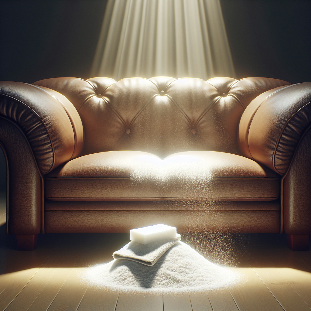 A pristine, inviting brown leather couch glowing under bright, diffused daylight in a clean living room. On one cushion, a small pile of white powder (baking soda) is gently spread, with a clean, soft cloth resting beside it, symbolizing a natural and effective odor removal process. The scene evokes freshness and cleanliness, photorealistic.