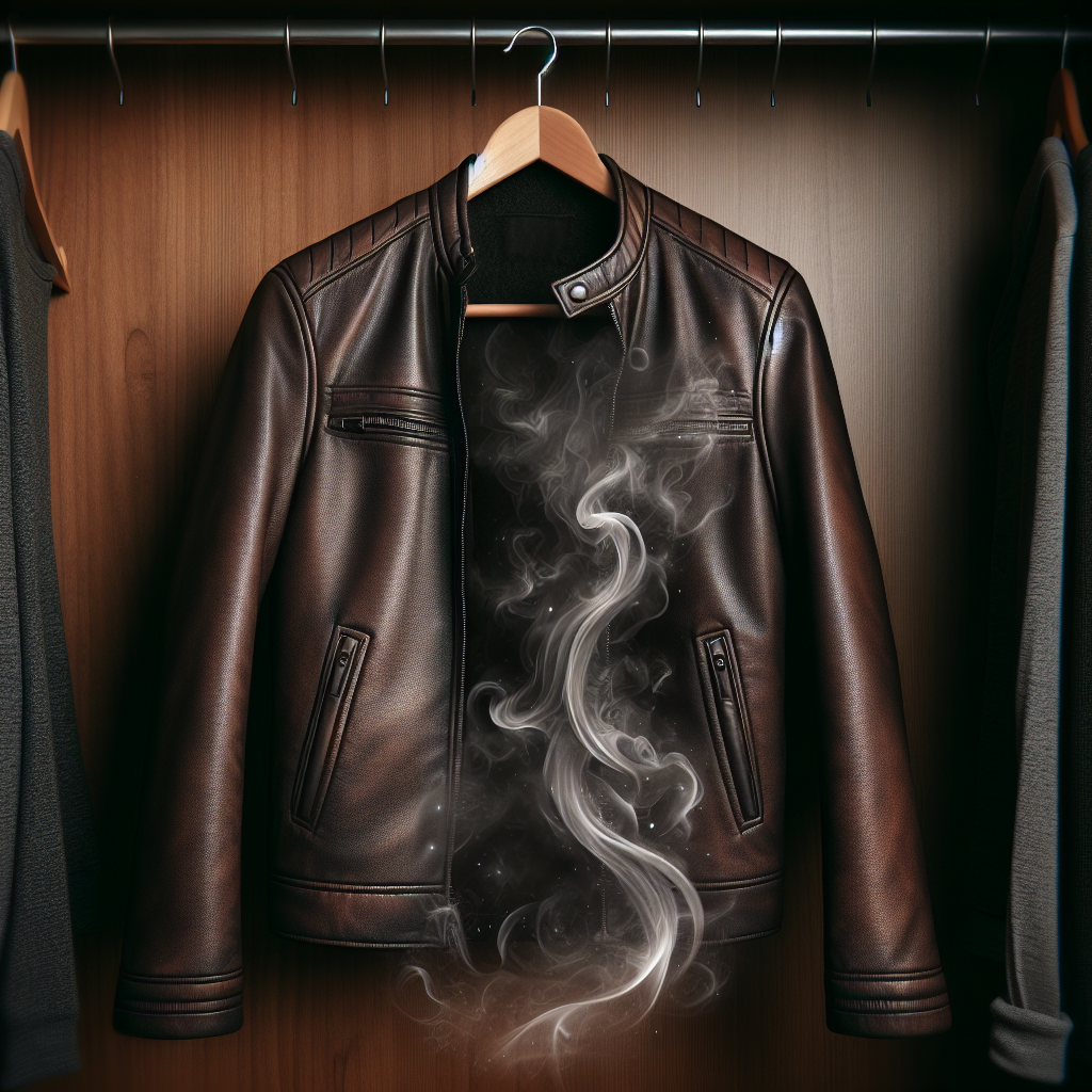 A stylish, dark brown leather jacket hanging on a wooden hanger inside a closet, with a subtle visual representation of a stale or unpleasant odor emanating from it, like faint, almost invisible dark wisps around the jacket. The background is slightly blurred. Realistic photo, blog article style.