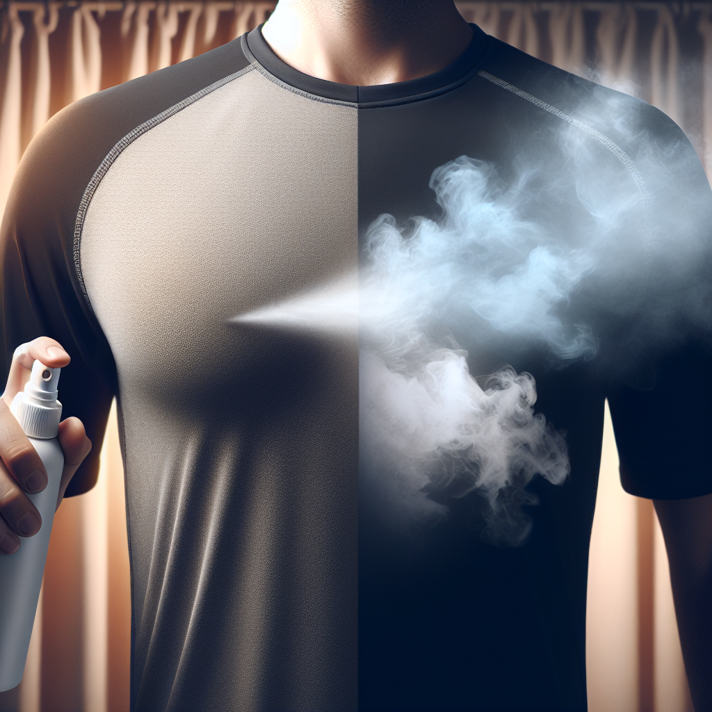 A spray bottle of Lenor odor remover misting onto a dark athletic shirt. On one side, subtle visual wisps of grey, unpleasant odor are vanishing, while on the other side, light blue and white fresh mist is appearing, symbolizing neutralization and freshness. Clean, soft home background, realistic photo style.