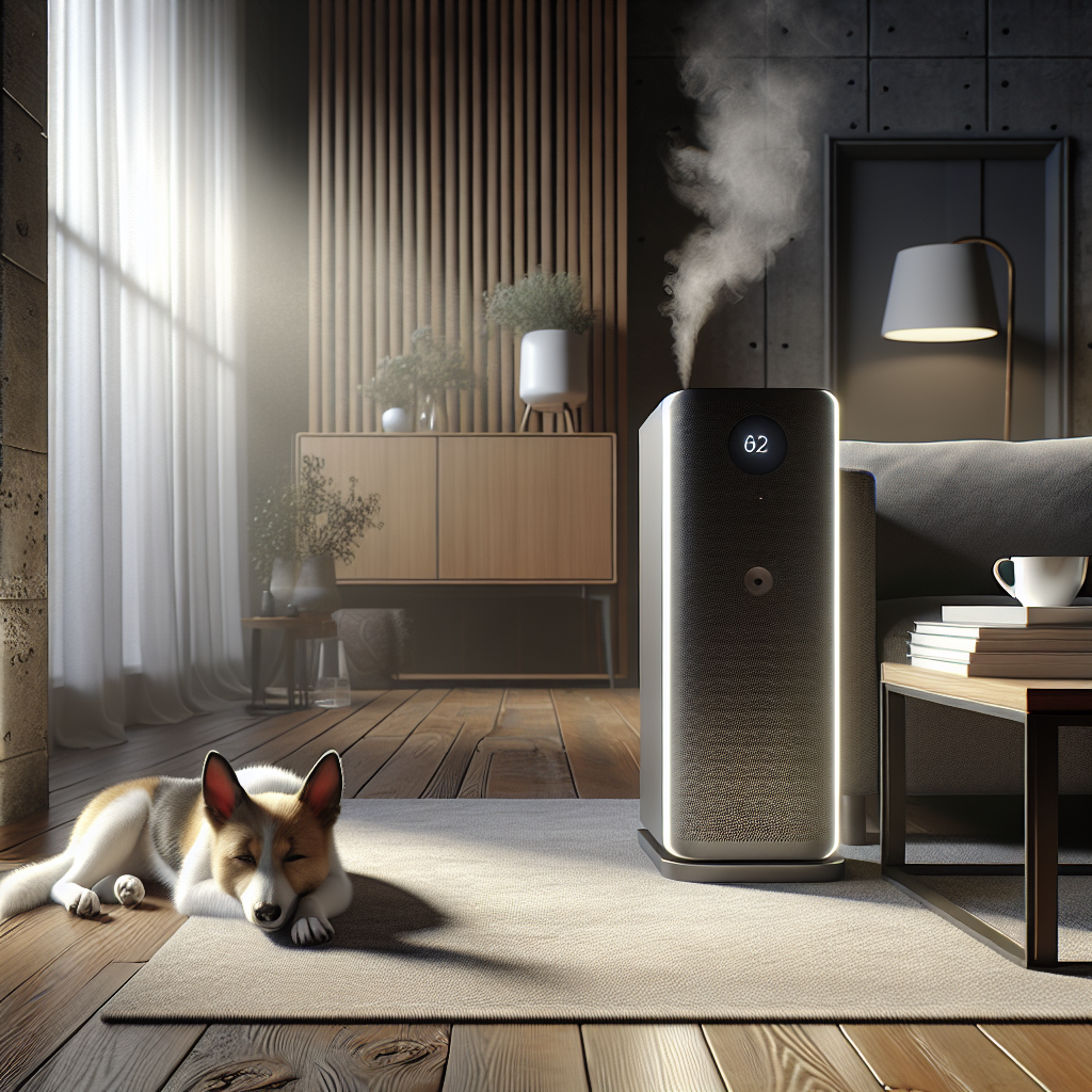 A sleek, modern air purifier subtly emitting a soft, clean glow, positioned in a contemporary living room. A friendly, relaxed dog is napping peacefully on a rug nearby, while a faint wisp of steam rises from a teacup on a coffee table, all conveying a fresh, odor-free, and comfortable atmosphere. High-quality photographic style, natural lighting.