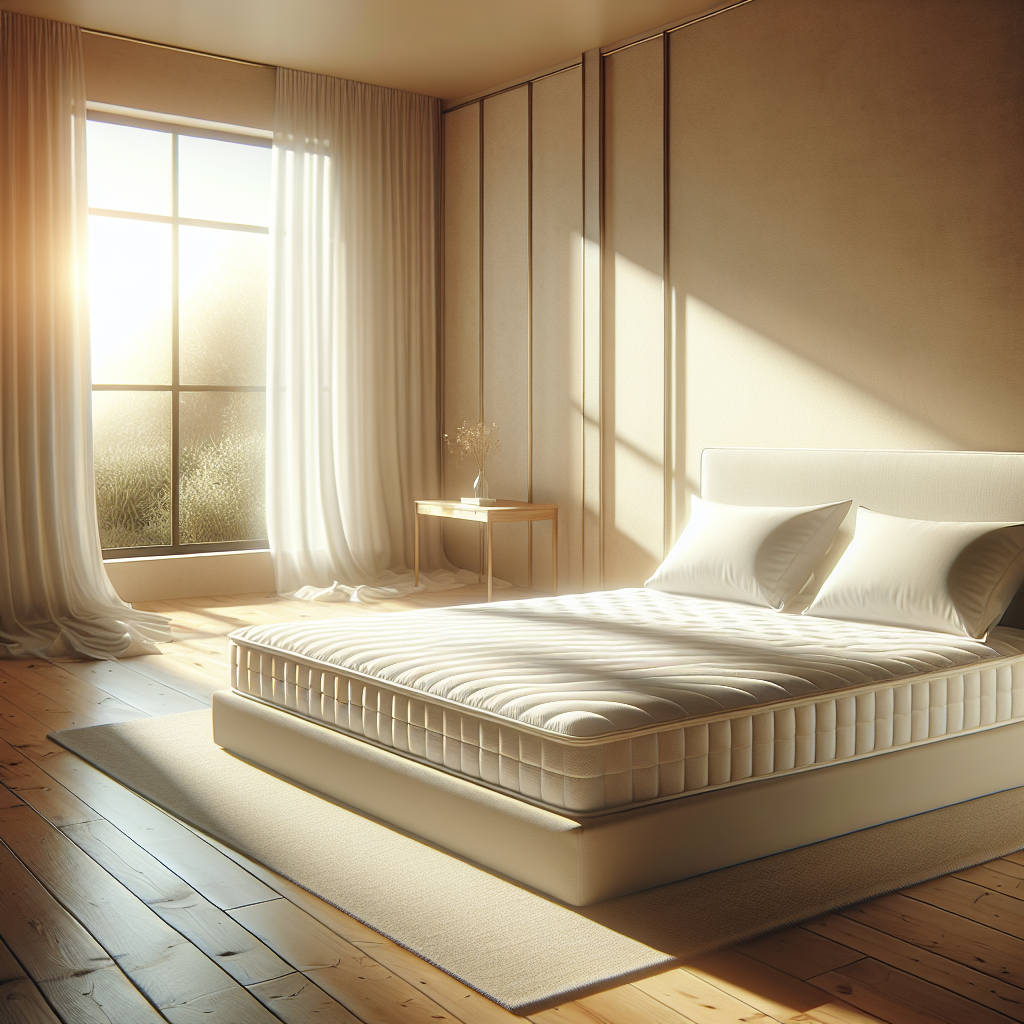 A pristine, clean mattress in a minimalist bedroom setting, bathed in warm, soft morning sunlight streaming through a window. The mattress looks inviting and fresh, symbolizing a refreshed sleeping environment after odor removal. High-quality photography, soft focus, serene atmosphere.