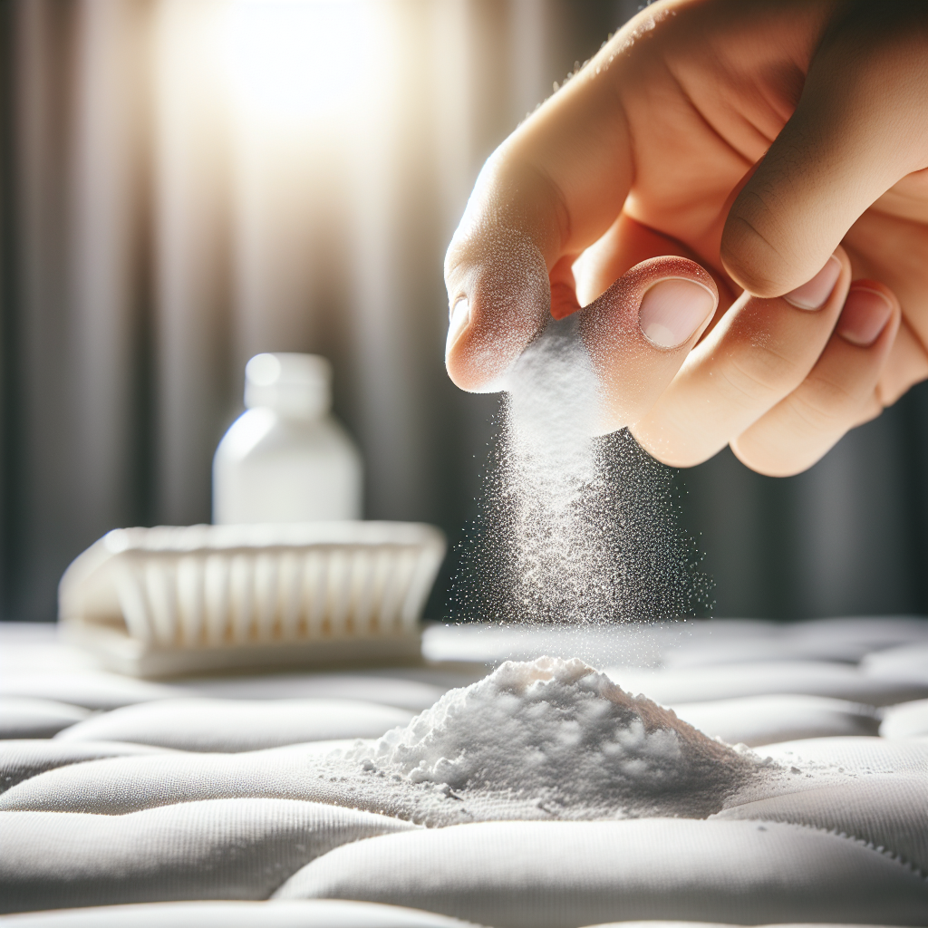 A close-up shot of a hand gently sprinkling white baking soda (Natron) powder evenly over a section of a clean mattress. The background is slightly blurred, focusing on the fine powder and the fabric texture. The scene suggests a natural, effective home remedy in action for odor removal. Bright, natural lighting, clear focus.