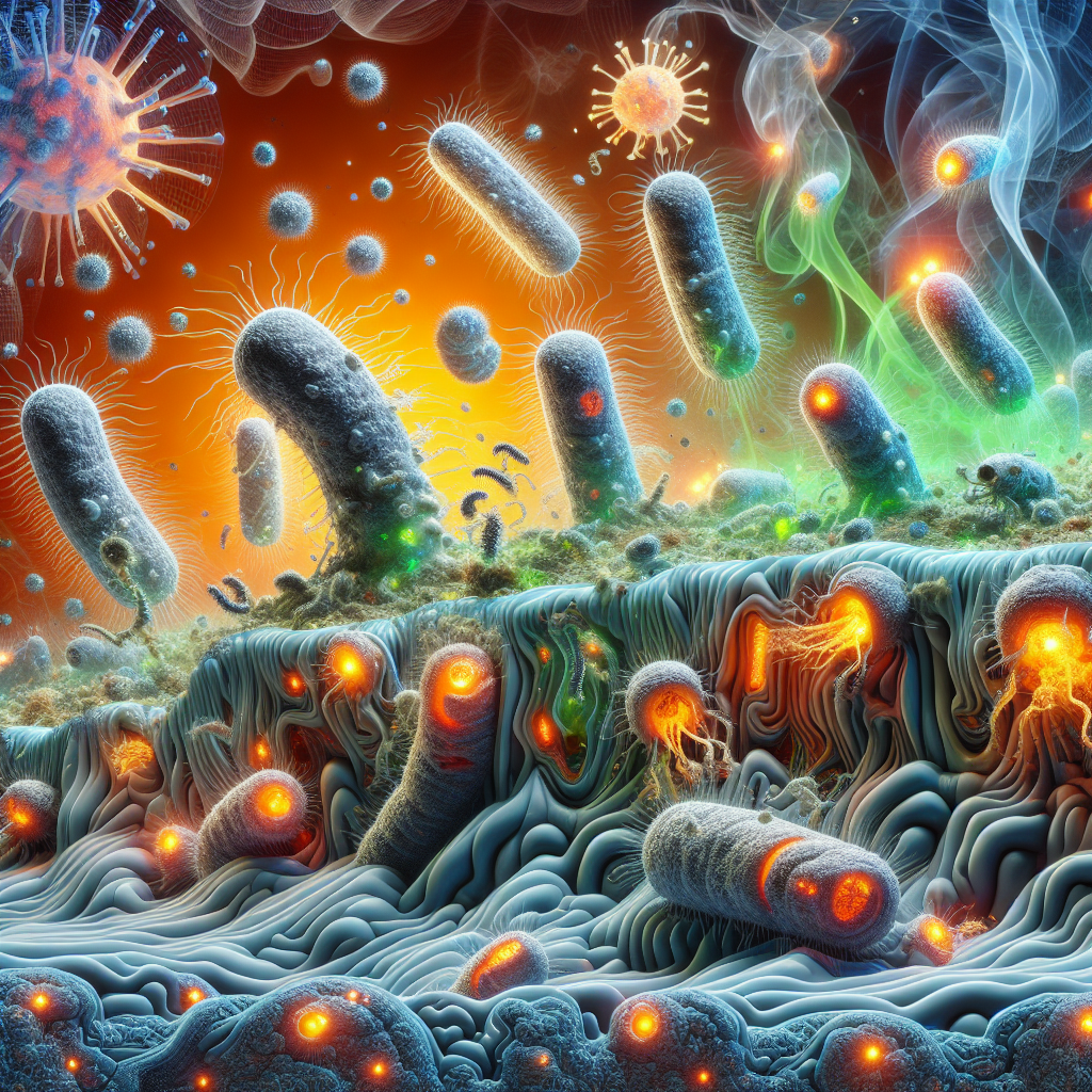 A macro shot of a microscopic world, showing numerous friendly, bioluminescent microorganisms with tiny glowing 'mouths' actively consuming and breaking down abstract, dark, swirling 'bad odor' particles. These particles are emanating from a common odor source like a stylized, subtle stain on a textile surface. The background transitions from a murky, unpleasant feel to a clean, bright, and fresh environment. Scientific illustration, vibrant colors, high detail, symbolizing effective biological odor removal.