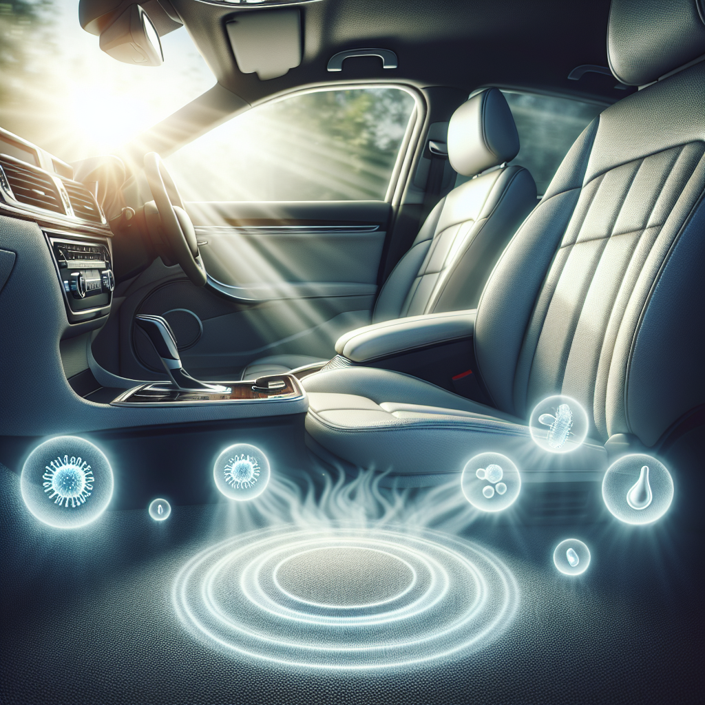 A bright, clean, and inviting car interior with sunlight streaming through the windows, highlighting immaculate upholstery and a pristine floor. In the foreground, a subtle, almost invisible, refreshing mist or a gentle, clean glow represents beneficial microorganisms silently working to maintain a natural freshness and purity. There are no visible odors or pollutants, only a sense of complete cleanliness and well-being. Soft lighting, realistic photography, serene atmosphere.