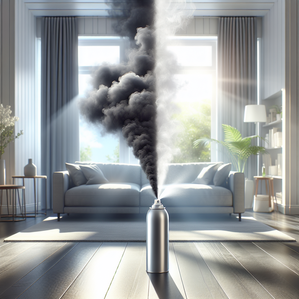 A bright, modern home setting (e.g., a cozy living room or a clean bathroom). On one side, a subtle, almost invisible dark cloud represents a lingering unpleasant odor. On the other side, vibrant, fresh air with soft glowing light rays and a gentle mist emerges. In the foreground, a generic but sleek odor remover spray bottle is being used, symbolizing the instant solution. The image captures the transformation from stale to fresh, with a clean and inviting aesthetic, like a 'before and after' effect in one frame. Photorealistic.