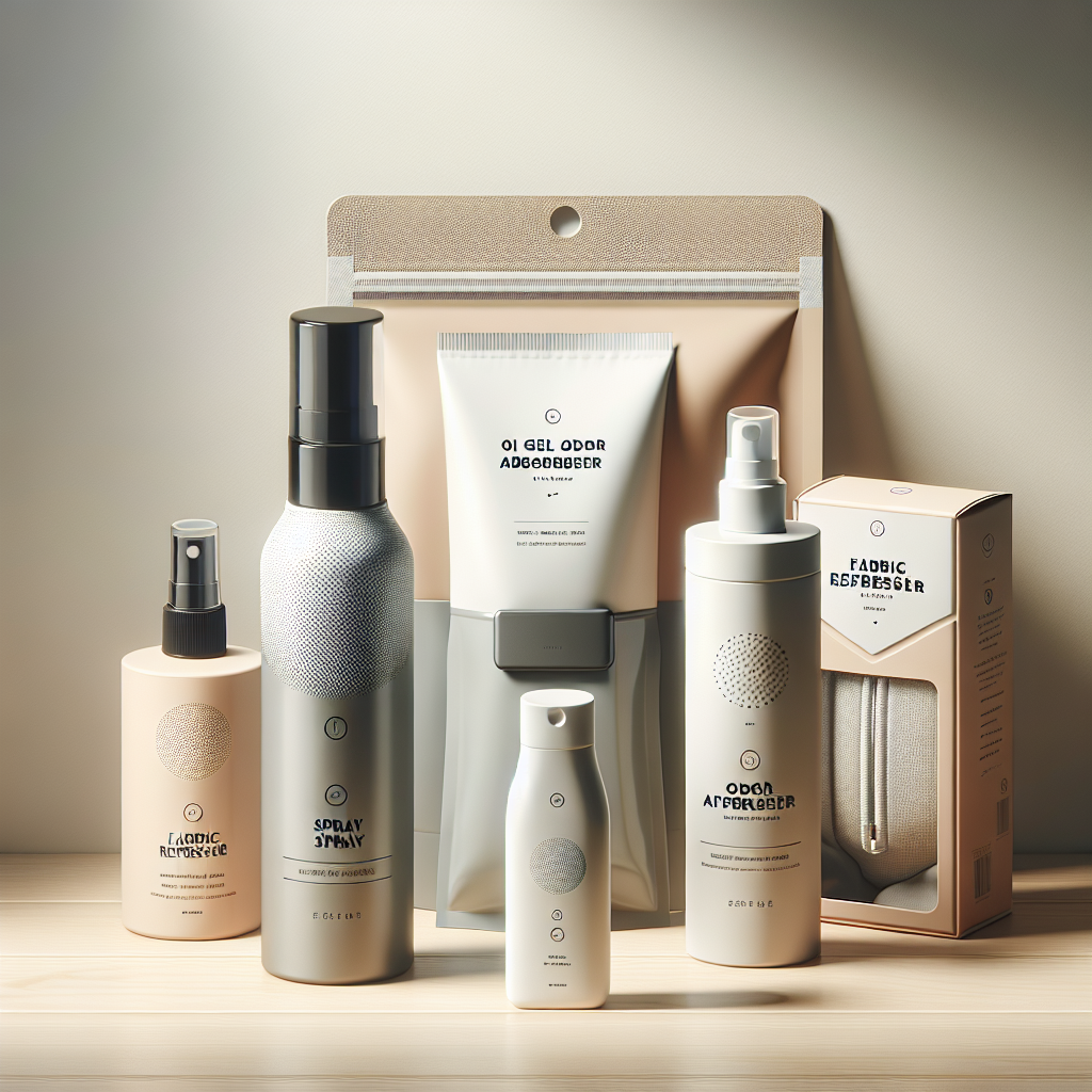 A curated display of various generic odor removal products, reminiscent of a premium drugstore shelf. The composition includes a modern spray bottle, a compact gel odor absorber, a fabric refresher bottle for textiles, and a small sachet for closets. Products are arranged neatly on a clean white or light wooden surface, with soft, inviting lighting. Focus on elegant packaging designs and the variety of solutions, conveying effectiveness and a wide selection available for different needs. Studio product photography style.
