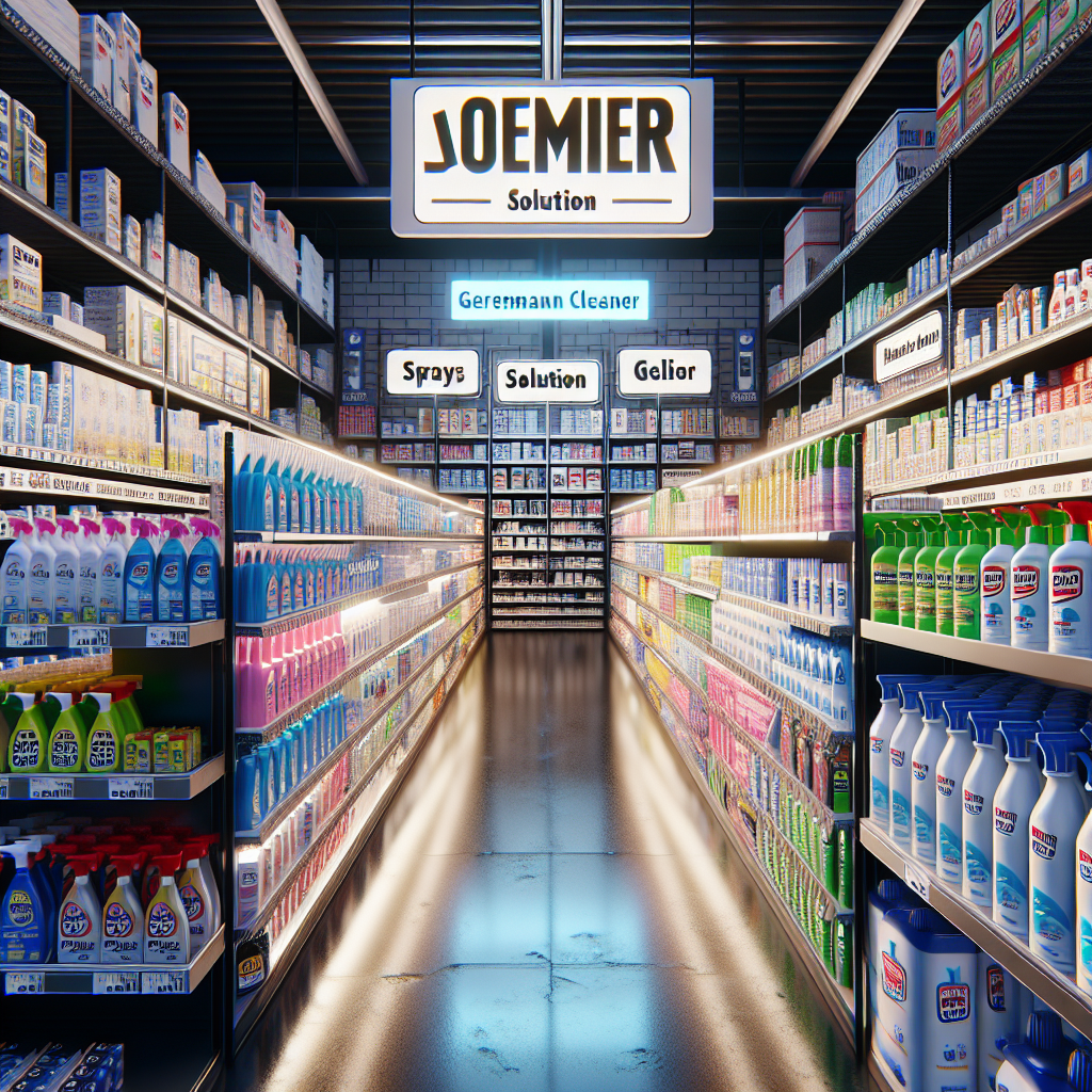 A vibrant, well-stocked aisle inside an OBI hardware store, featuring a prominent display of various 'Geruchsentferner' (odor remover) products. Show a mix of sprays, gels, and liquid cleaners with clear German labeling, emphasizing solution and cleanliness. A subtle OBI logo is visible on product packaging or store signage. Realistic, inviting atmosphere.