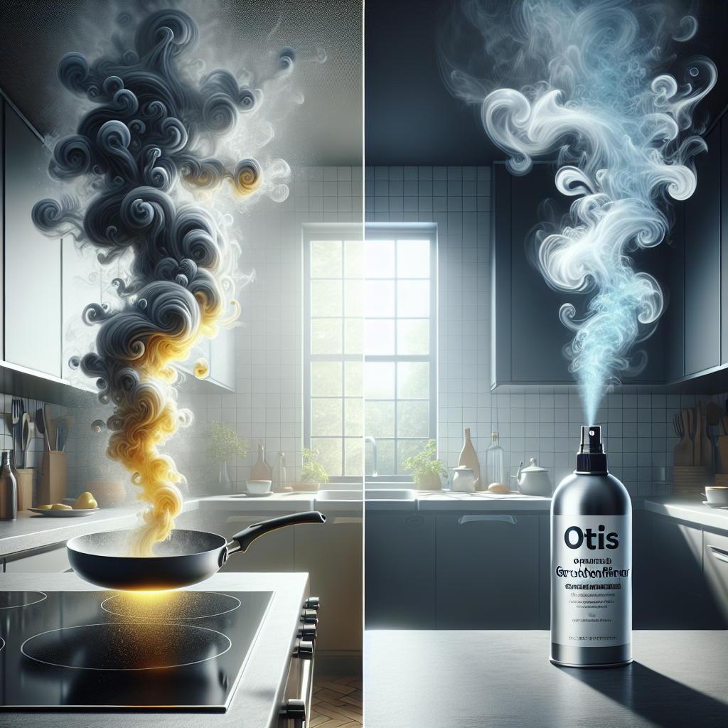 A realistic, brightly lit kitchen scene. On the left, subtle, swirling gray and yellow fumes emanate from a frying pan on a stovetop, visibly representing persistent cooking odors. On the right, a sleek, modern spray bottle, subtly labeled 'Ottos Geruchsentferner', is mid-spray, emitting a clean, translucent blue mist that seamlessly dissolves the odors, creating a vibrant, fresh atmosphere. The background is a clean, contemporary kitchen with natural light. High detail.