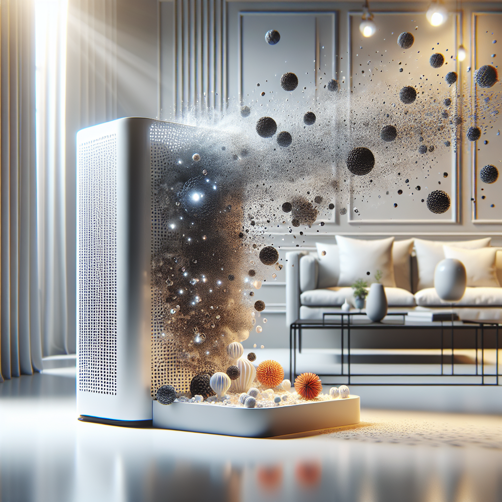 A sleek, modern ozonator machine in a clean, minimalist living room. Abstract, luminous waves of ozone are seen emanating from the machine, visually breaking down stylized, dark 'odor molecules' (represented as small, disintegrating particles) into pure, fresh air. The scene should convey advanced purification and a feeling of freshness, with soft, natural light.