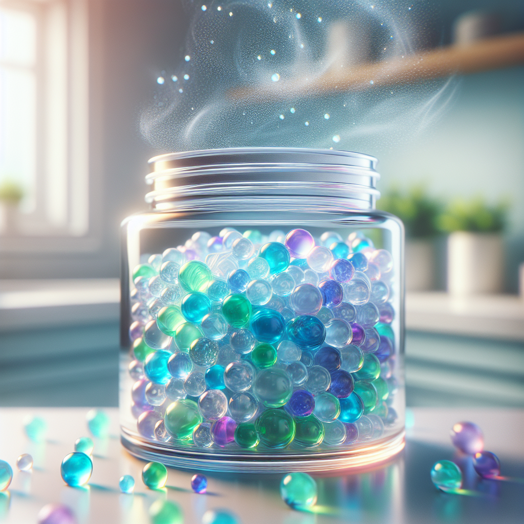 A close-up shot of an open, clear glass jar filled with small, vibrant, translucent gel odor eliminator beads in various colors (e.g., blue, green, purple). Soft, ethereal wisps of fresh air are gently rising from the beads, set against a blurred background of a clean, modern home interior like a bathroom shelf or kitchen counter. The lighting is bright and inviting, emphasizing cleanliness and pleasant aroma.