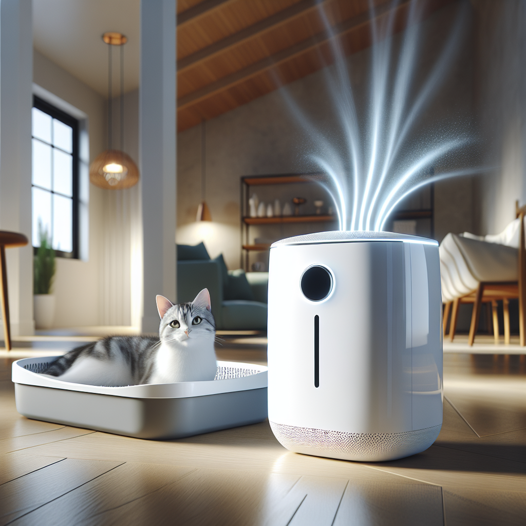 A sleek, modern Petkit odor eliminator device, subtly glowing with a soft, clean light, placed discreetly near a contemporary cat litter box in a bright, minimalist apartment. A happy, well-groomed cat is comfortably relaxing nearby. Gentle, almost invisible waves of fresh, clean air are subtly emanating from the device, suggesting effective odor neutralization. Soft natural lighting, clean aesthetic, photorealistic.