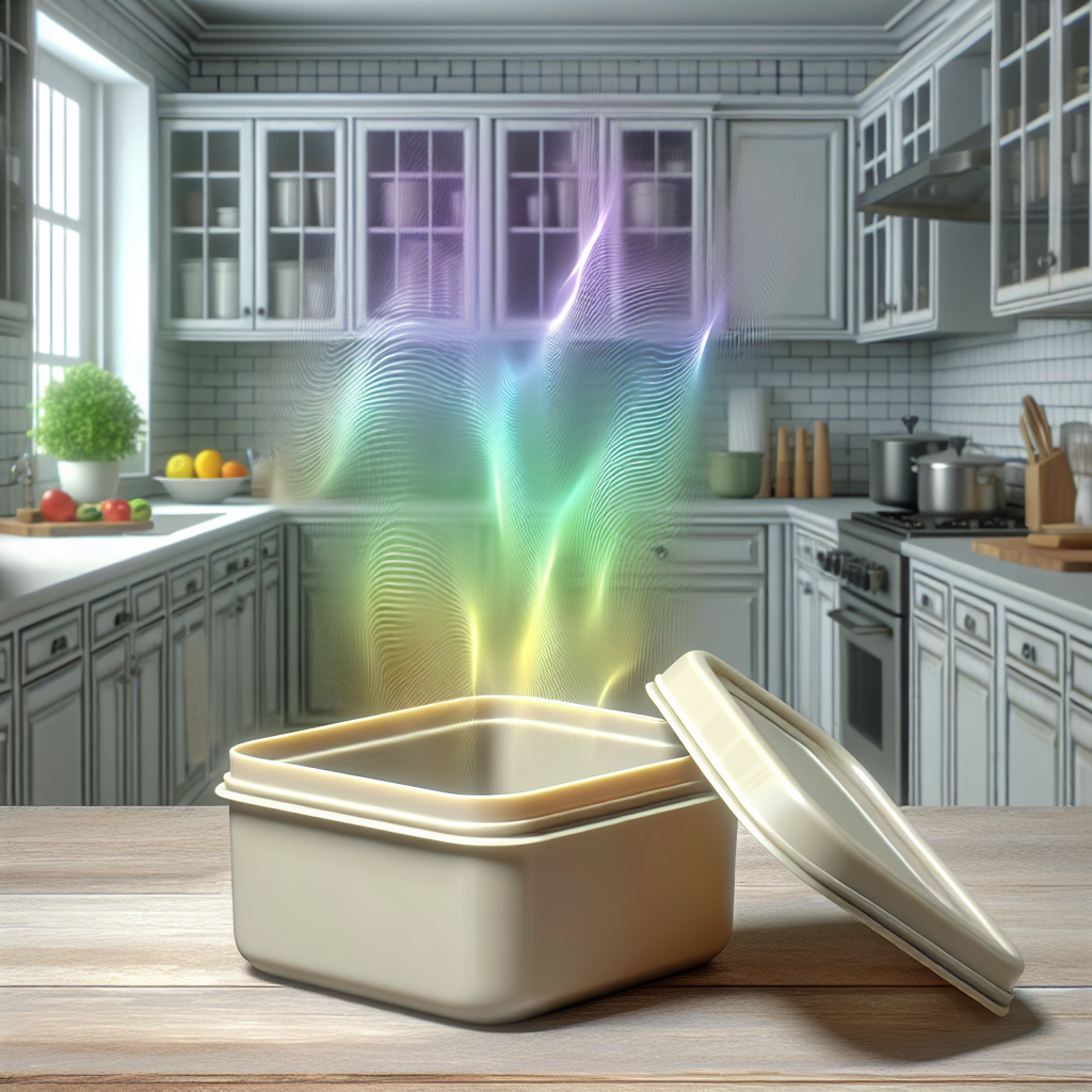 An open, slightly yellowed plastic food container (like a lunchbox) on a kitchen counter, with subtle wavy lines or a faint green/purple haze emanating from it, indicating an unpleasant smell. The background is a clean, modern kitchen, realistic style, bright lighting.
