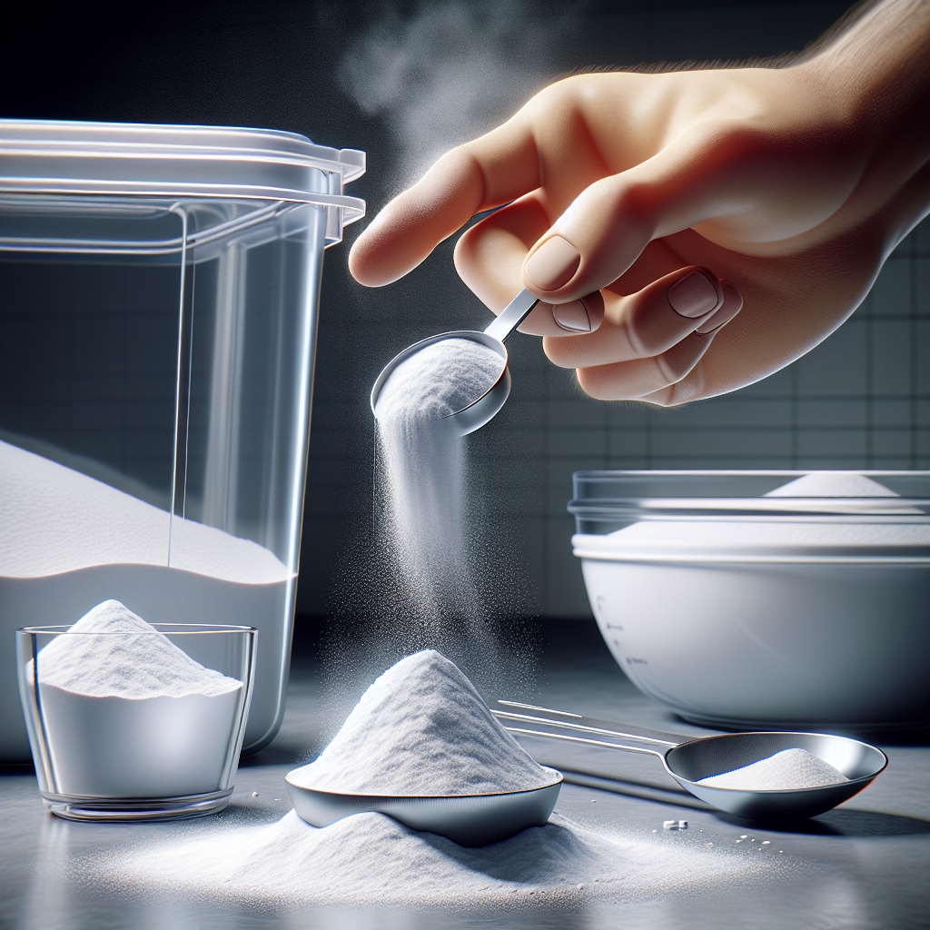 A close-up shot of a hand sprinkling white powder (baking soda) from a spoon into a clear plastic food storage container. A small bowl with baking soda and a measuring spoon are visible next to it on a clean kitchen counter. Bright, clean aesthetic, realistic photography style.