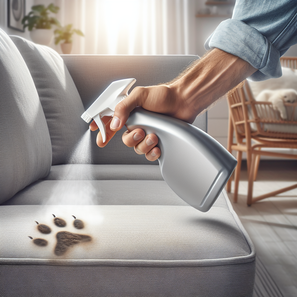 A close-up shot of an adult's hand holding a sleek, modern spray bottle of upholstery odor remover. The person is actively spraying a light grey fabric sofa in a brightly lit, contemporary living room. A subtle visual cue, like a very faint, almost invisible pet paw print or a small, dried spill, hints at the reason for cleaning. The focus is on the product application and the fresh, clean action. Realistic, high detail.