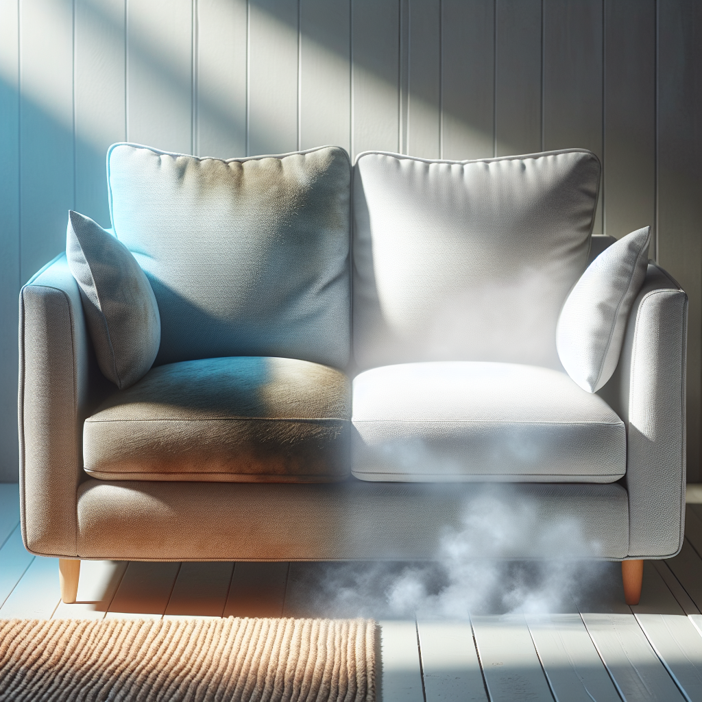 Ein gemütliches, modernes Stoffsofa in einem sonnendurchfluteten Wohnzimmer. Eine Hälfte des Sofas wirkt matt und leicht verfärbt, mit subtilen, ätherischen, rauchartigen Nebeln, die einen unangenehmen Geruch andeuten. Die andere Hälfte ist makellos, lebendig und sieht frisch gereinigt aus, vielleicht mit einer leichten, sauberen Aura. Fokus auf den Kontrast zwischen schmutzig/riechend und sauber/frisch. Realistische, einladende Wohnatmosphäre. Hochwertiges Foto.