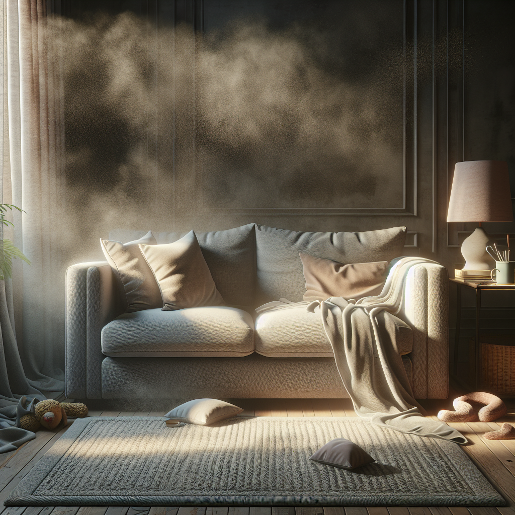 A realistic image of a cozy, lived-in living room with an upholstered sofa. A subtle visual cue, like a slightly muted color palette or a hint of a lingering 'haze' above the fabric, suggests the presence of unnoticed odors, perhaps with a pet's toy or a coffee cup on a nearby table, implying daily use. Focus on natural light and a homey, slightly tired atmosphere.