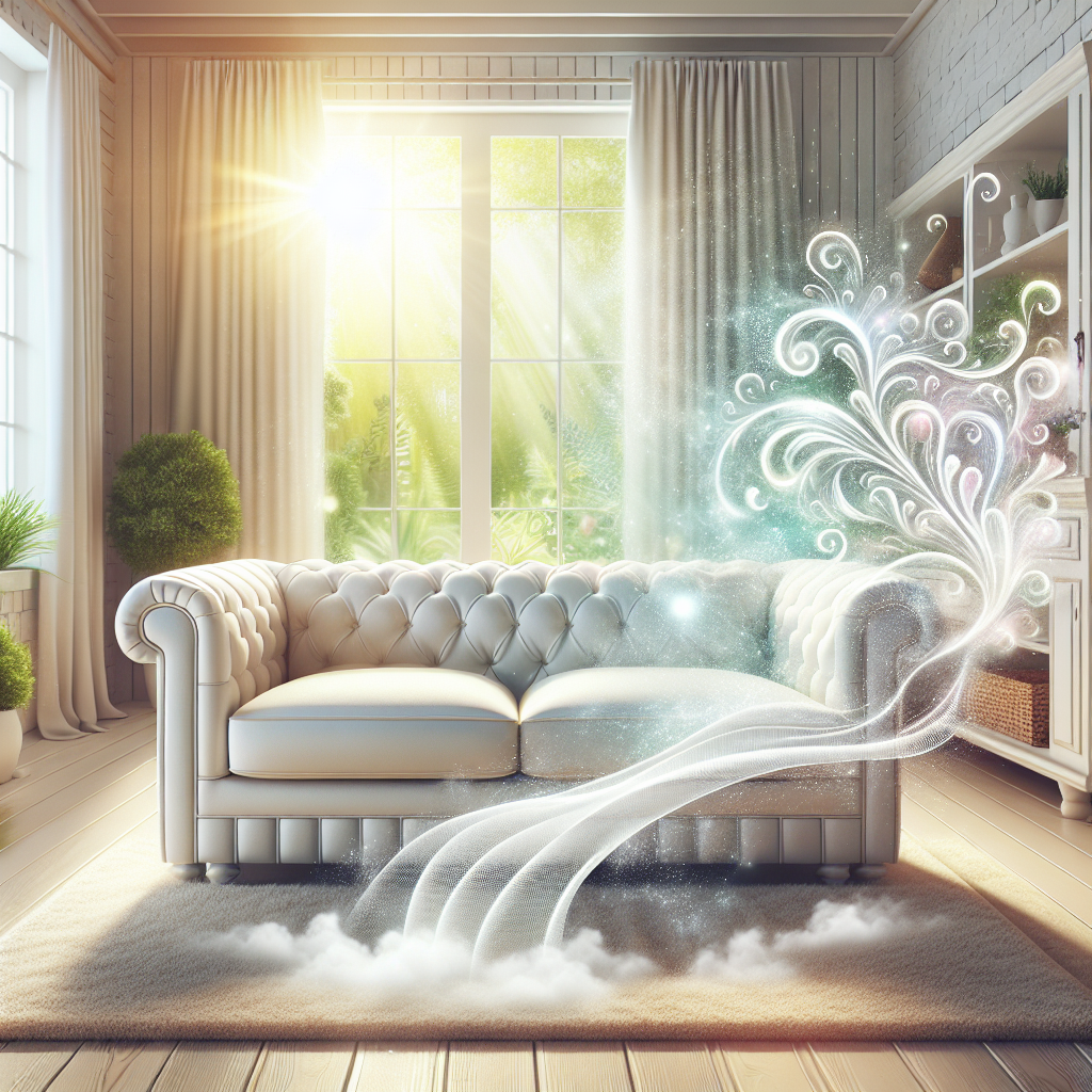 A vibrant and fresh image of a meticulously clean upholstered sofa in a bright, airy living room. Soft sunlight streams in, and stylized, delicate 'fresh air' wisps or a gentle, clean glow emanate from the sofa, symbolizing a pleasant aroma and complete odor removal. The scene should evoke feelings of comfort, purity, and a revitalized home environment.