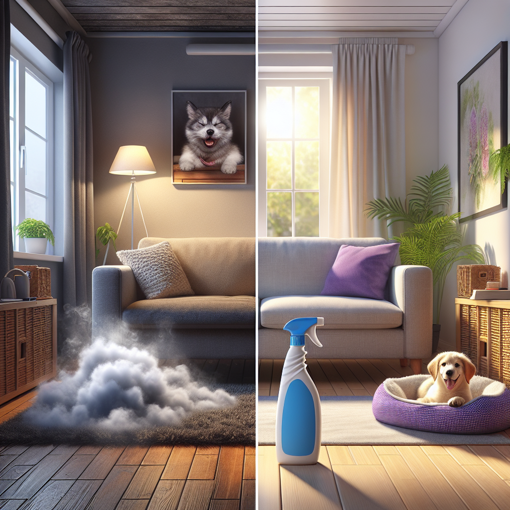 A split image of a cozy living room. On the left side, a slightly dim and muted-toned area around a dog bed, with a subtle, stylized purple-grey 'stink cloud' metaphorically indicating pet odors. On the right side, the same living room space is bright, airy, and clean, filled with soft sunlight and a vibrant atmosphere. A sleek Prowin Geruchsentferner bottle stands prominently in the center, symbolizing the transition from unpleasant odors to freshness. High detail, realistic photography style.