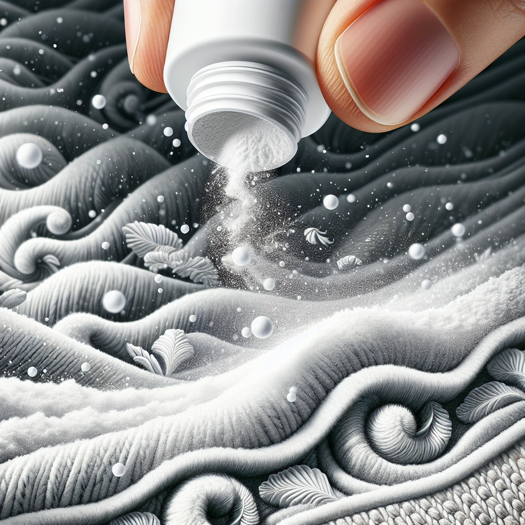 A close-up shot of fine white odor-neutralizing powder being sprinkled onto a surface, perhaps a section of a textured carpet or the inside of a shoe. Visually represent unpleasant odors (e.g., subtle dark, wavy wisps or distorted air) dissipating and being absorbed into the powder, while a gentle, clean glow emanates, signifying freshness. Bright, clean aesthetic, emphasizing the powder's active neutralizing effect.