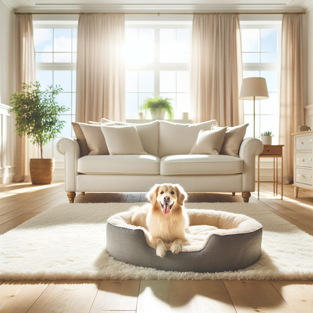 A beautifully clean and fresh living room interior, filled with soft natural light. A pristine, fluffy carpet stretches across the floor, and a happy, clean pet (e.g., a dog or cat) is comfortably resting on a fresh-looking pet bed. The overall atmosphere radiates crispness and purity, with no hint of unpleasant odors, creating a sense of ultimate freshness and well-being in the home. Modern, inviting aesthetic.