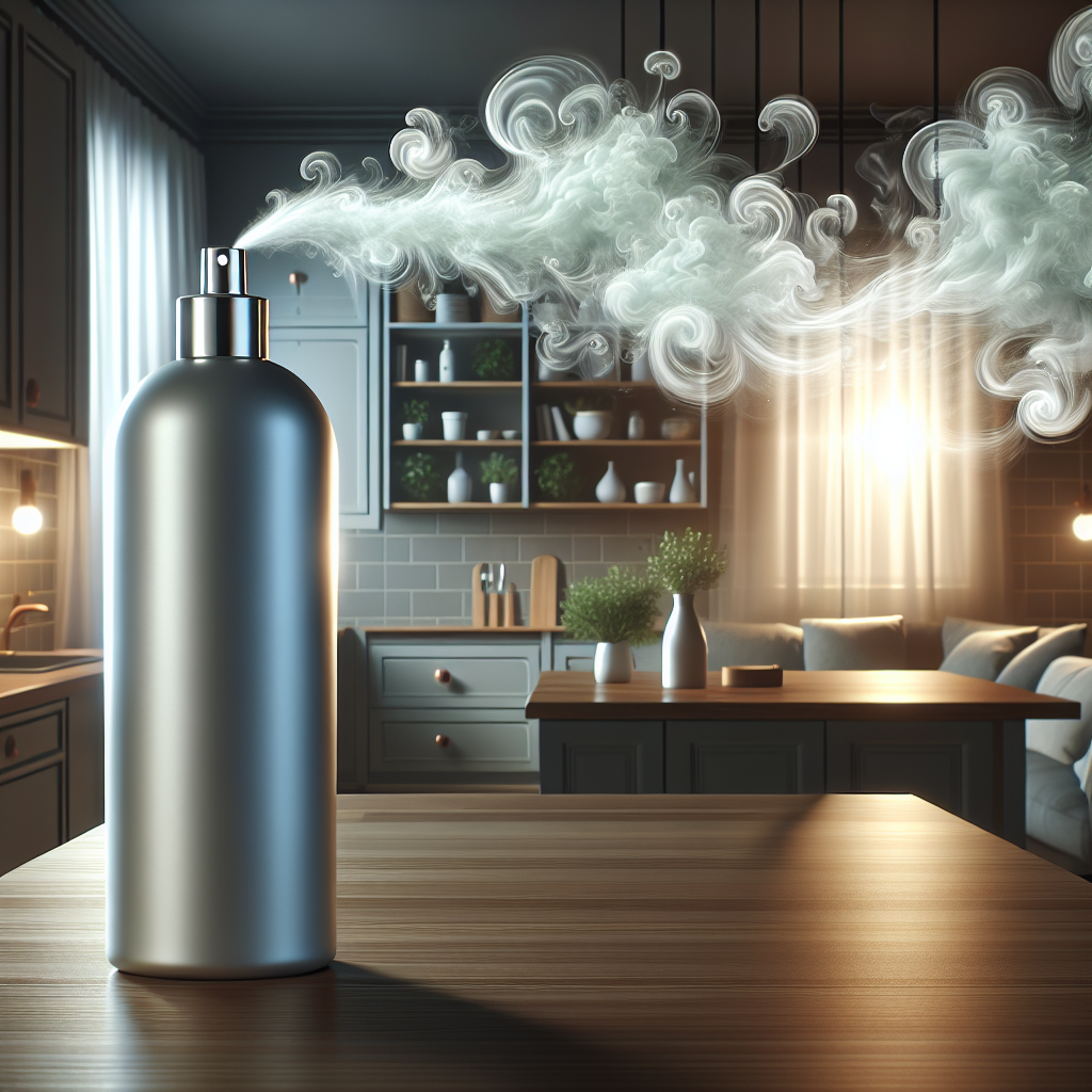 A beautifully lit, clean home interior (e.g., kitchen or living room) where subtle, swirling grey 'bad odor' clouds are visibly dissipating into thin air. A generic, sleek bottle of 'odor eliminator' cleaning product stands on a counter or table, with light-green or light-blue 'fresh air' wisps emanating from it, transforming the space into one of inviting freshness and cleanliness. Dynamic, warm lighting, photorealistic.