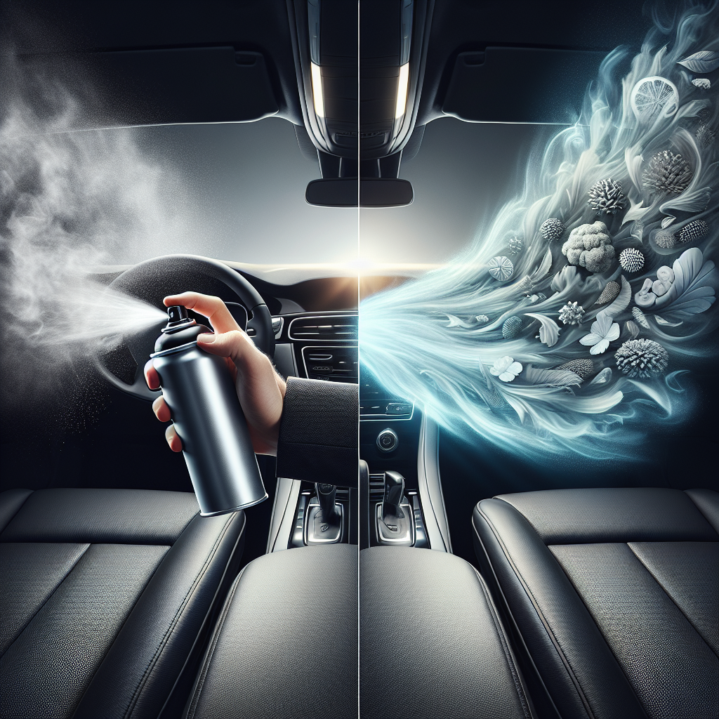 A modern, sleek spray bottle labeled 'Quick Fresh Turbo Geruchsentferner' held by a hand, actively spraying a visible burst of vibrant, fresh air. On one side of the image, subtle wisps of unpleasant odors (represented by muted, slightly smoky grey tones) are receding, while on the other side, bright, clean air fills the space. The setting is a clean, inviting car interior with a sense of immediate renewal. Dynamic, high-key lighting, focused on transformation and speed.