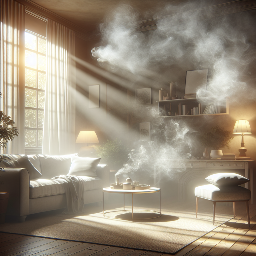 A cozy living room with a subtle, lingering haze of smoke, giving it a slightly dim and stale atmosphere. Sunlight struggles to pierce through, highlighting the visible particles in the air. The room appears lived-in but with an unpleasant, persistent smell suggested by the smoky air. No people. Realistic style.