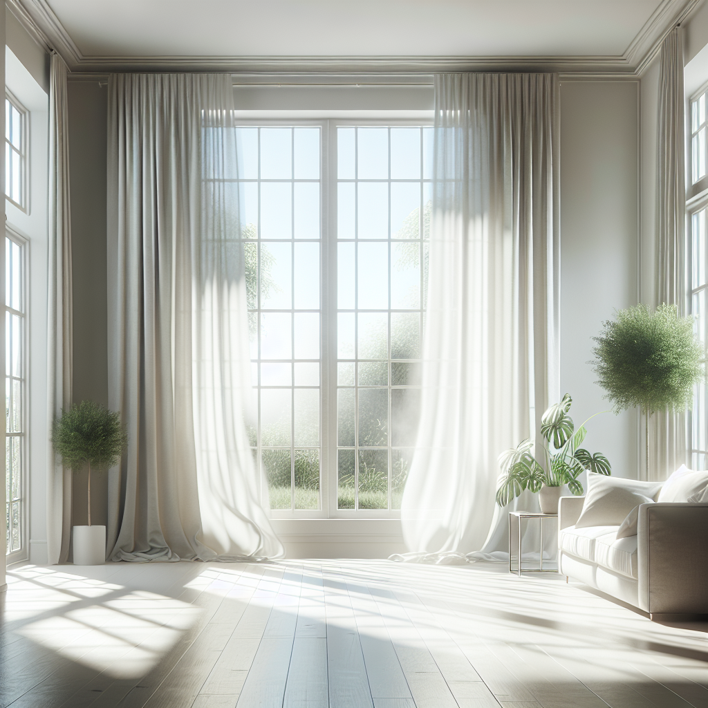 A bright, clean, and airy living room with large windows wide open, allowing abundant natural light and a gentle breeze to flow through. Curtains are lightly billowing. The room is fresh, tidy, and features green plants, conveying a sense of renewed freshness and cleanliness after smoke removal. No people. Realistic style.