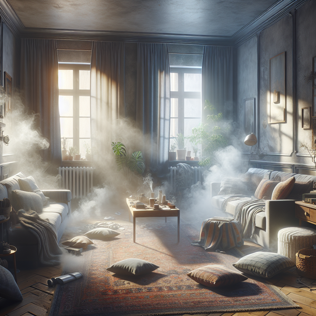 A cozy, lived-in apartment living room with a noticeable, slightly eerie grey haze of lingering smoke. The sunlight struggles to break through, highlighting dust motes and the stale atmosphere. The furniture and textiles appear to have absorbed the odor. Emphasize the persistent, unpleasant nature of the smoke smell. Realistic photography style.