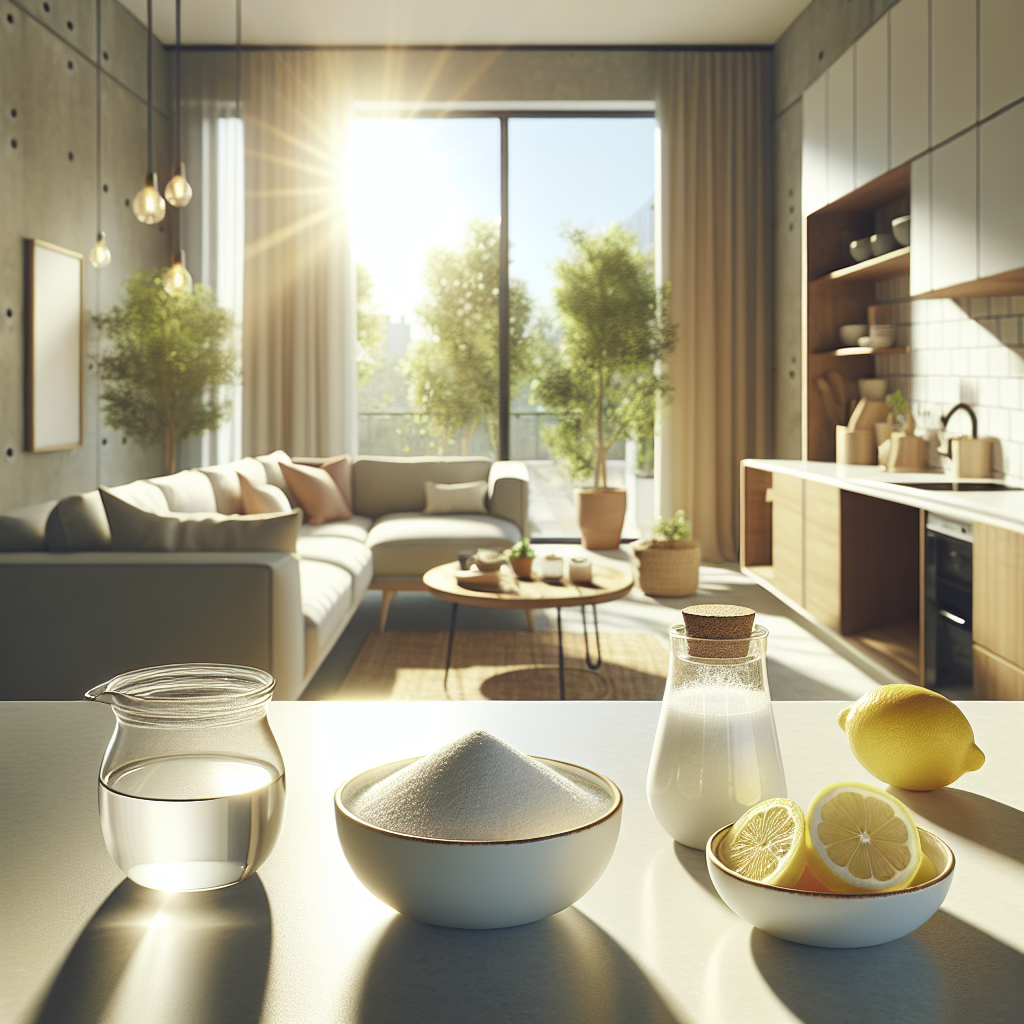 A bright, airy, and clean modern apartment kitchen counter or living room table. Sunlight streams in through a window. On the counter/table, there are small, aesthetically pleasing bowls with common home remedies: a bowl of white vinegar, a small plate with fresh coffee grounds, a cut lemon, and a sprinkle of baking soda. The overall mood is fresh, clean, and optimistic, symbolizing effective odor removal. Realistic photography style, warm tones.