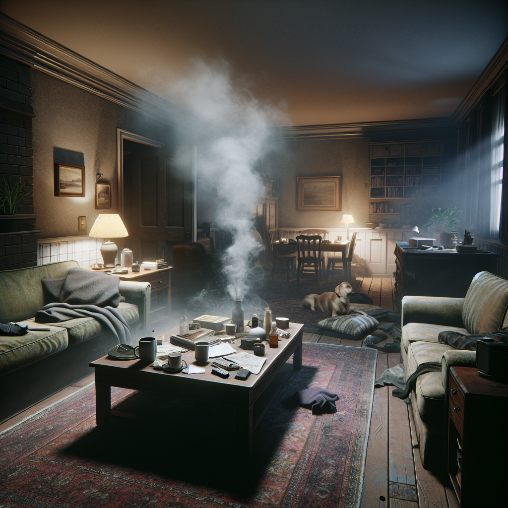 A dimly lit, slightly cluttered living room, depicting a heavy, stuffy atmosphere. Subtle visual cues of unpleasant odors are present: a faint smoky haze, a slightly messy pet area in the background, and a forgotten coffee cup on a table. The overall mood is one of discomfort and stale air. Realistic, indoor photography, muted colors.