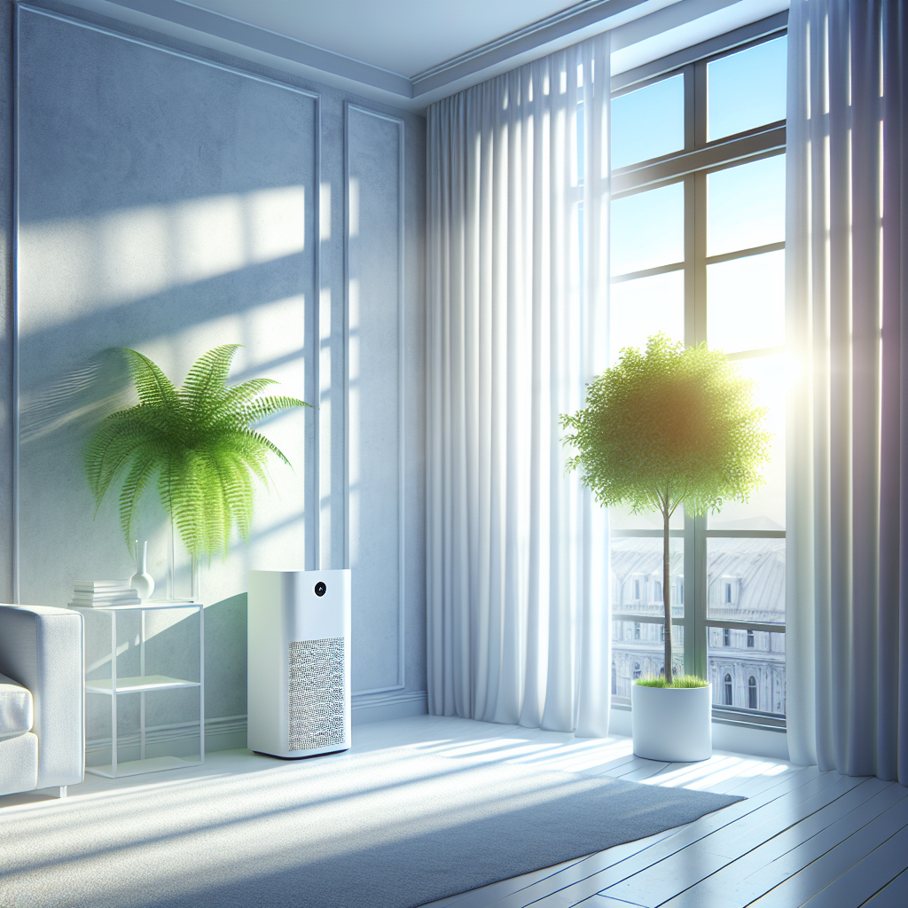 A bright, impeccably clean living room bathed in warm sunlight, with an open window allowing a gentle breeze to flutter sheer white curtains. A modern, minimalist air purifier is subtly integrated into the decor, and a thriving green plant adds a touch of nature. The room exudes an overwhelming sense of freshness, cleanliness, and tranquility. Realistic, inviting, high-key lighting.